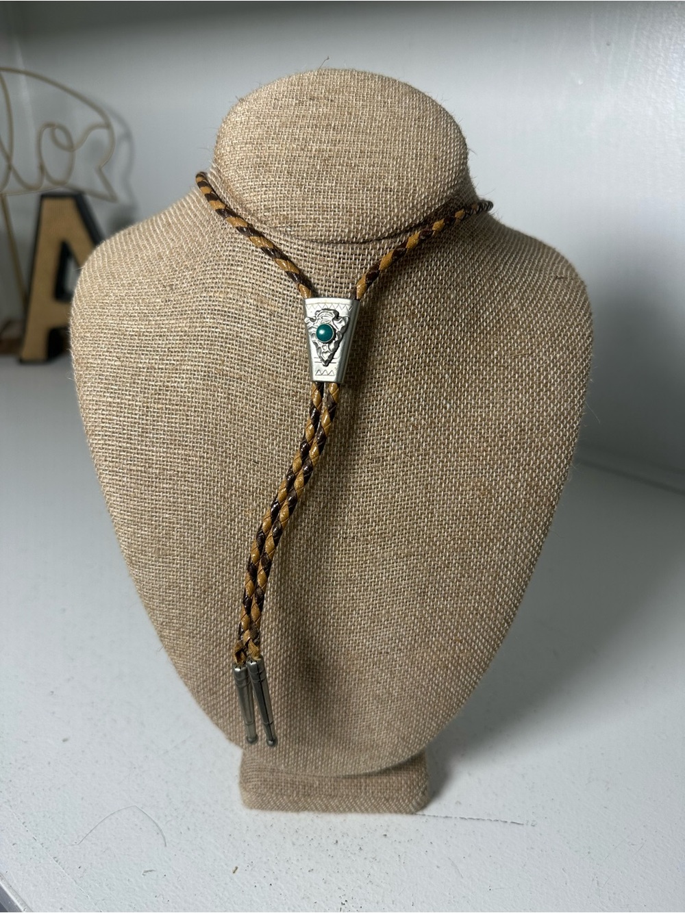 Vintage Western Bolo Tie Brown Tan Braided Leather Turquoise Style Southwest